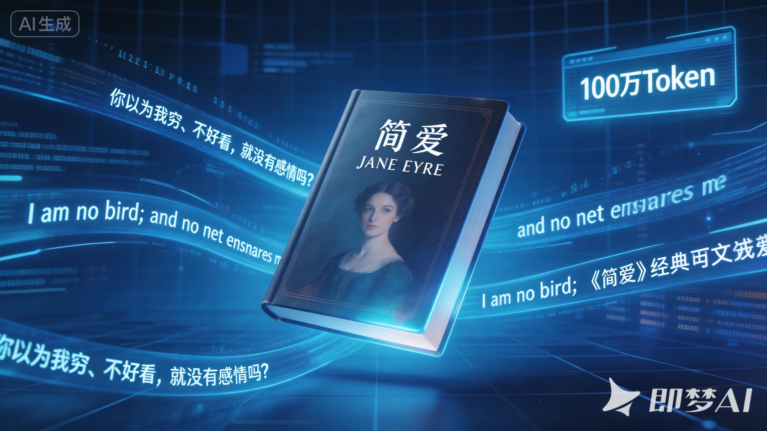 jimeng-2026-03-01-2993-知识科技风格,《简爱》实体书悬浮在AI数据界面中,周围环绕着流动的文字数据流,界....png