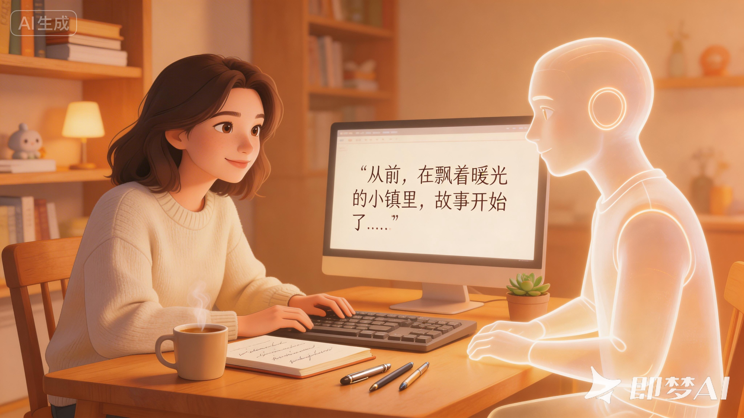 jimeng-2026-03-01-2763-温暖协作风格,人类创作者在书桌前写作,AI以发光的数字助手形象坐在旁边,共同看着....png