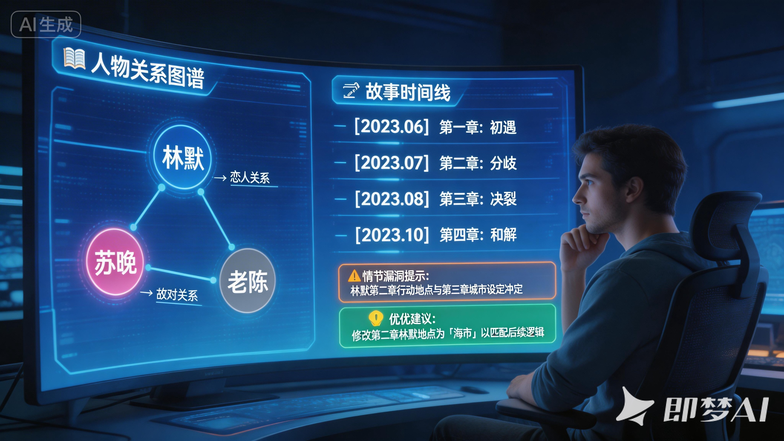 jimeng-2026-03-01-3151-复杂叙事可视化风格,AI界面展示长篇小说的人物关系图谱和故事时间线,创作者在旁观....png